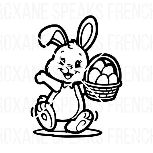 Cute Easter Bunny SVG and clipart featuring a cheerful bunny with a basket of eggs, ideal for Cricut and Silhouette crafting projects