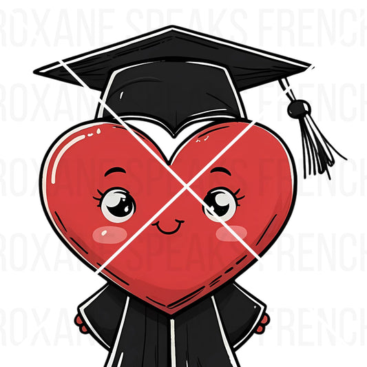 Cartoon heart character wearing a graduation cap and gown on a white background