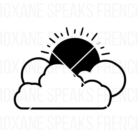 Cute nursery clipart of a smiling sun peeking out from behind two fluffy clouds, shown as a black outline SVG.