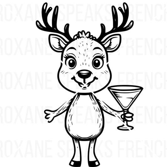 cute black outline of a reindeer holding a martini - transparent background