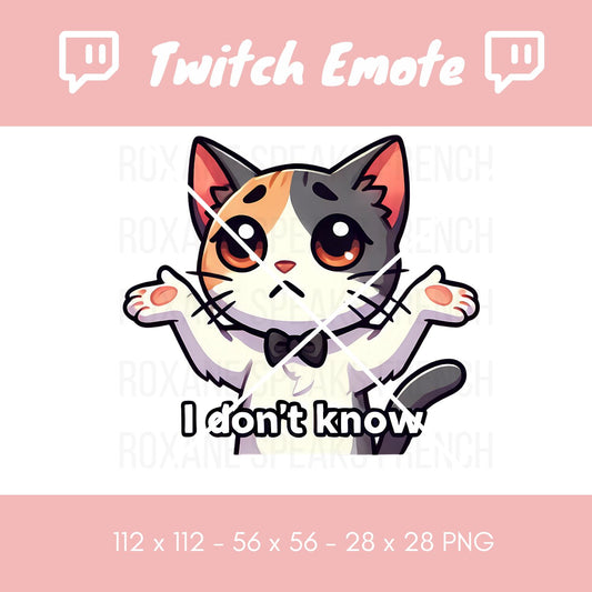 A kawaii-style Twitch emote featuring a multicolored cat with a bow tie, shrugging with an "I don't know" expression. The cat has distinct patches of orange and grey fur, emphasizing its puzzled and cute demeanor