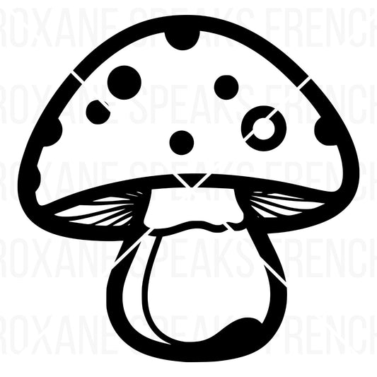 Cute mushroom SVG design, black line art with spots on the cap, displayed against a light background with faint text overlays.