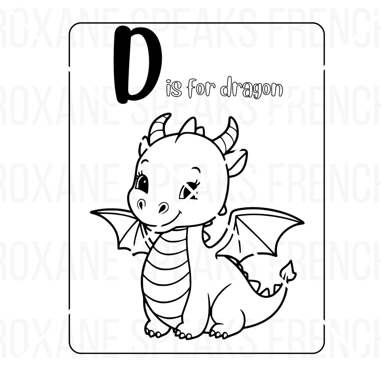 A playful coloring page with a friendly dragon beside the letter 'D', captioned 'D is for dragon
