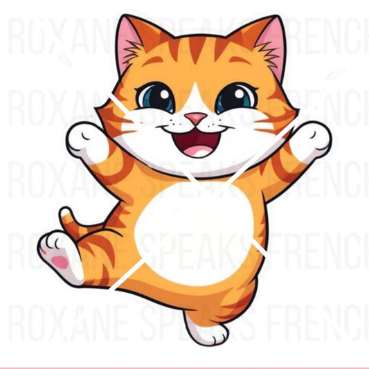 Joyful orange tabby cat Twitch emote, jumping with arms wide open and a big smile, designed to express excitement and happiness in Twitch chats. This lively and cute emote captures the playful spirit of a cat, perfect for celebrating victories or cheerful moments during streams