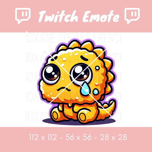 Sad dinosaur nugget Twitch emote featuring a cute dino nugget with big, teary eyes and a single tear drop. Designed in kawaii style, this emote is perfect for expressing sadness or disappointment on Twitch, Discord, or other platforms. Available in 112x112, 56x56, and 28x28 sizes.