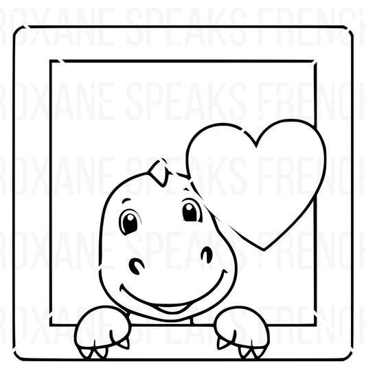 Black and white line drawing of a square frame with rounded corners featuring a cute cartoon dinosaur peeking over the top. The friendly dinosaur has a smiling face with big eyes and small claws visible at the bottom of the frame as if holding onto it.