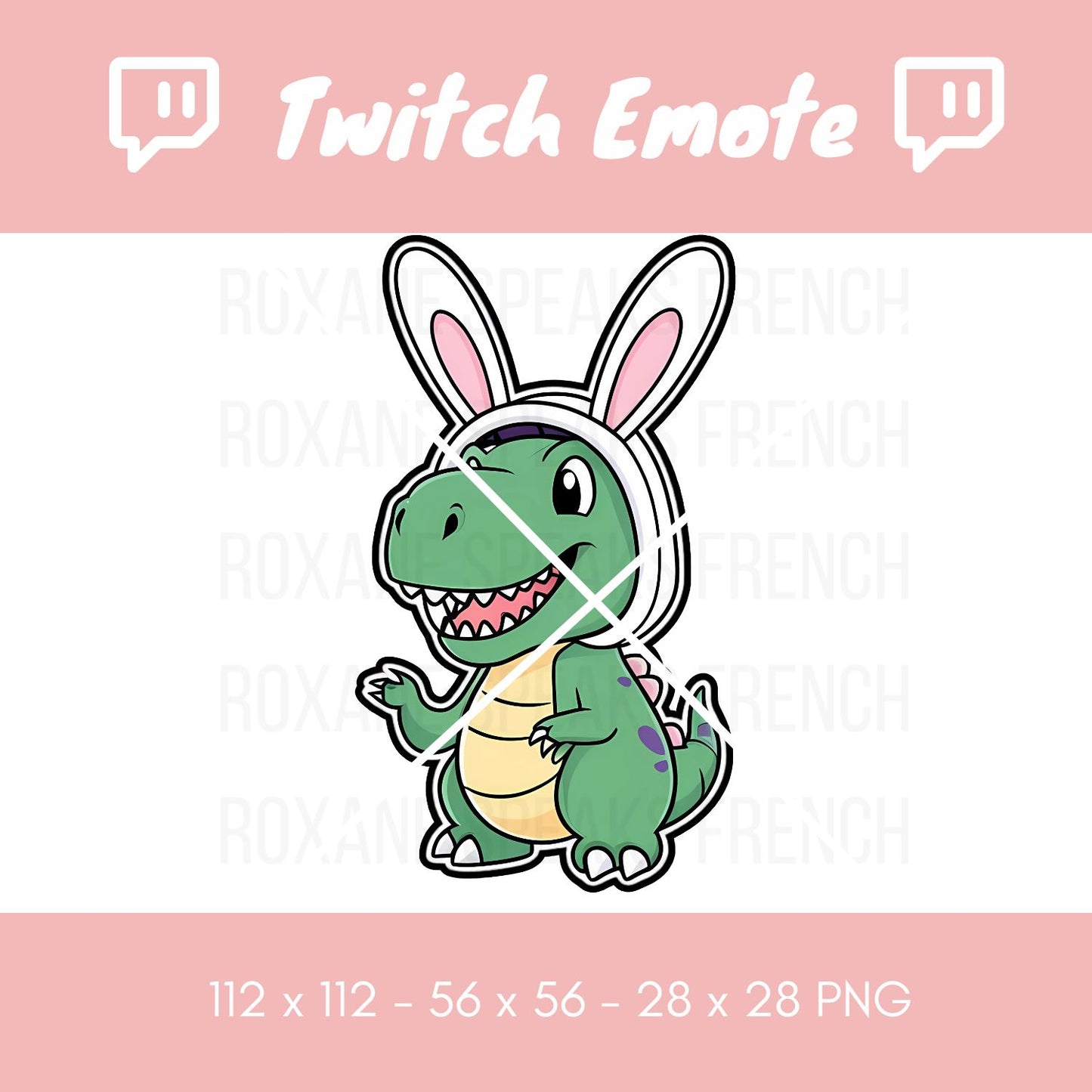 Playful dinosaur Twitch emote dressed in bunny ears, designed to bring a lighthearted, festive touch to gaming sessions. This emote showcases a green dinosaur with a big smile, making it a hit for streams during holiday seasons or celebratory events