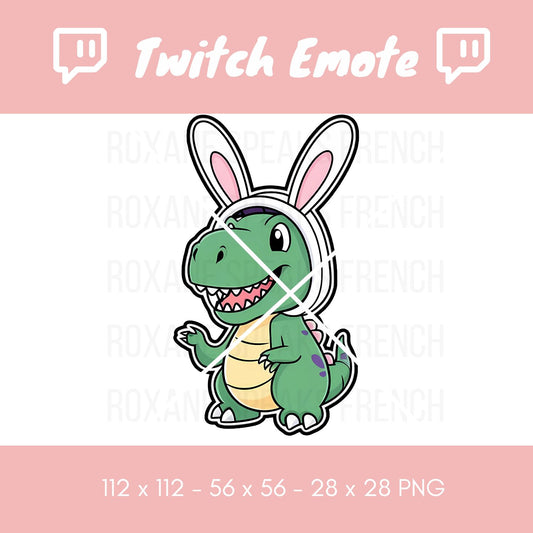 Playful dinosaur Twitch emote dressed in bunny ears, designed to bring a lighthearted, festive touch to gaming sessions. This emote showcases a green dinosaur with a big smile, making it a hit for streams during holiday seasons or celebratory events