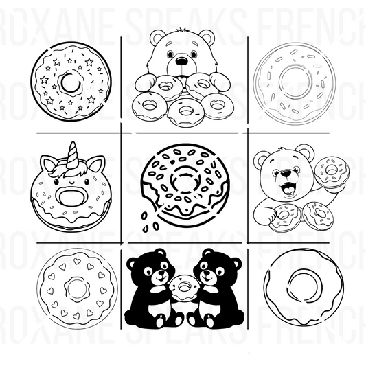 Collection of various donut designs in SVG format, featuring classic sprinkles, cute teddy bears, a unicorn-themed donut, a dripping chocolate donut, and pandas sharing a donut, ideal for diverse crafting projects.