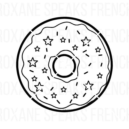 Vector illustration of a donut decorated with star-shaped sprinkles, in SVG format, perfect for diverse creative projects ranging from party decorations to educational materials.