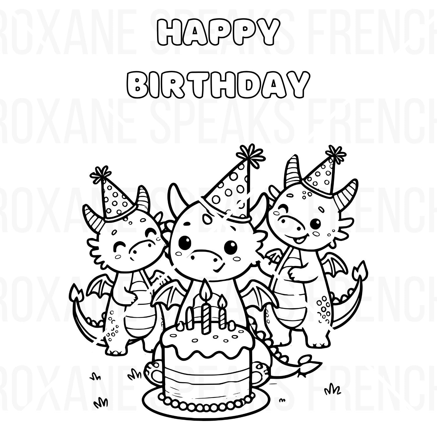 Dragon Happy Birthday printable coloring page featuring three cute cartoon dragons with party hats, a birthday cake, and 'Happy Birthday' text