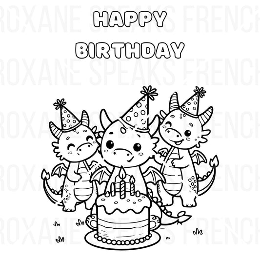 Dragon Happy Birthday printable coloring page featuring three cute cartoon dragons with party hats, a birthday cake, and 'Happy Birthday' text