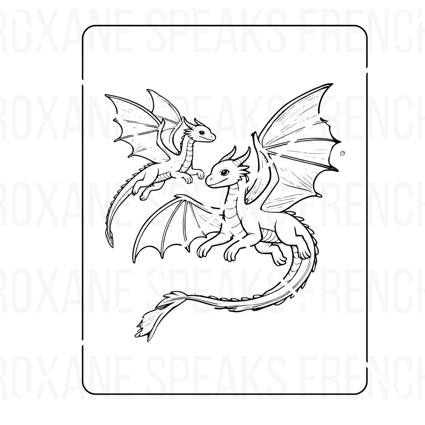A coloring page featuring two dragons in flight, with expansive, detailed wings and long, graceful tails. The larger dragon is depicted in a protective stance over the smaller one, both exhibiting playful and majestic expressions.