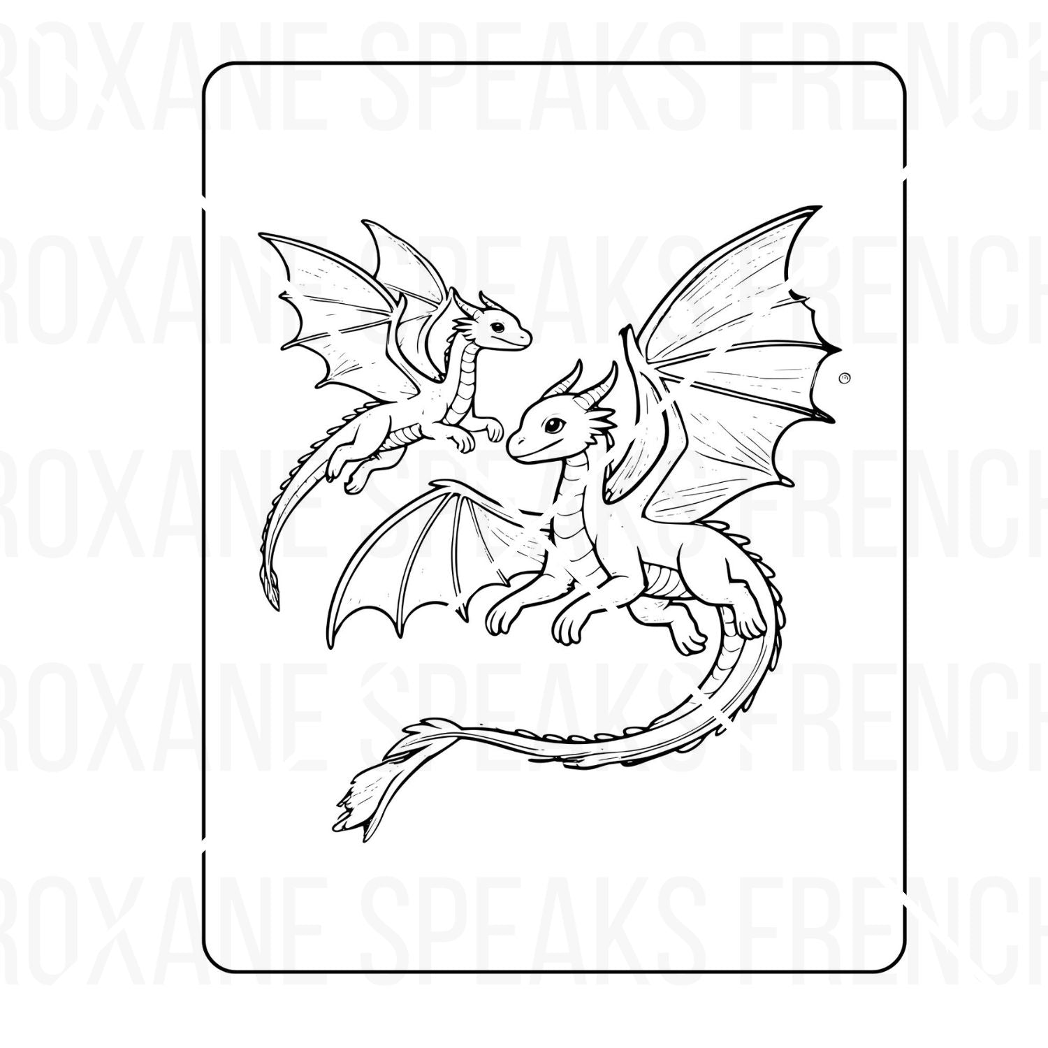 A coloring page featuring two dragons in flight, with expansive, detailed wings and long, graceful tails. The larger dragon is depicted in a protective stance over the smaller one, both exhibiting playful and majestic expressions.