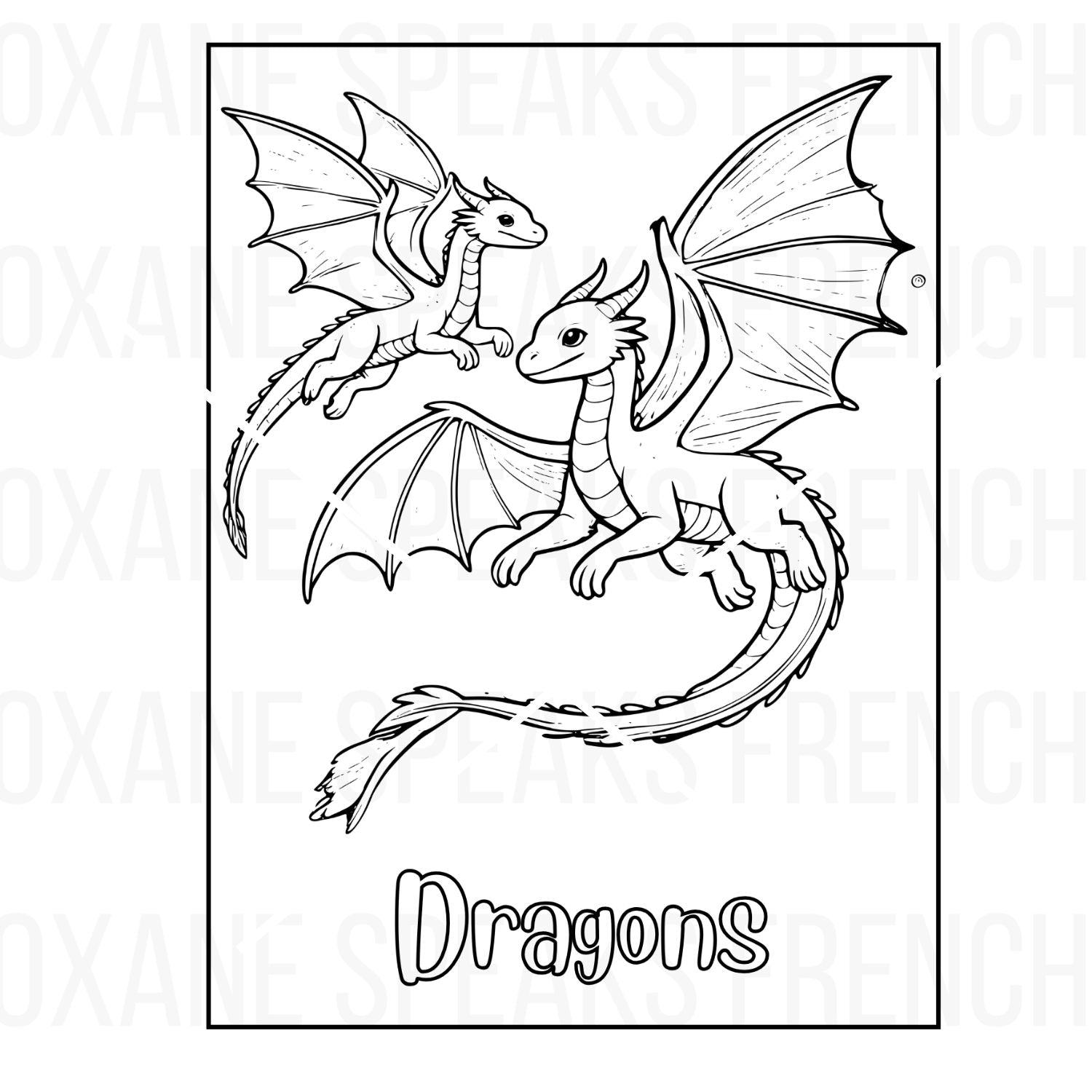 A detailed dragons coloring page featuring two flying dragons with intricate wings and tails, designed for coloring activities and fantasy-themed fun.