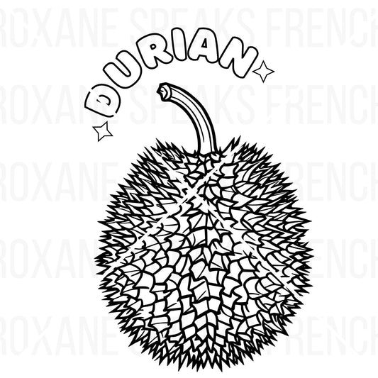 Printable durian coloring page featuring a detailed outline of a spiky durian fruit with decorative 'DURIAN' text and sparkle accents above