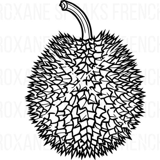 Black and white clipart illustration of a durian fruit, shown in detailed line art style. The round fruit features the characteristic spiky exterior with numerous sharp thorns covering its surface, and a curved stem at the top. The image is a clean, high-contrast design perfect for Cricut cutting, print on demand projects, or wall decals.