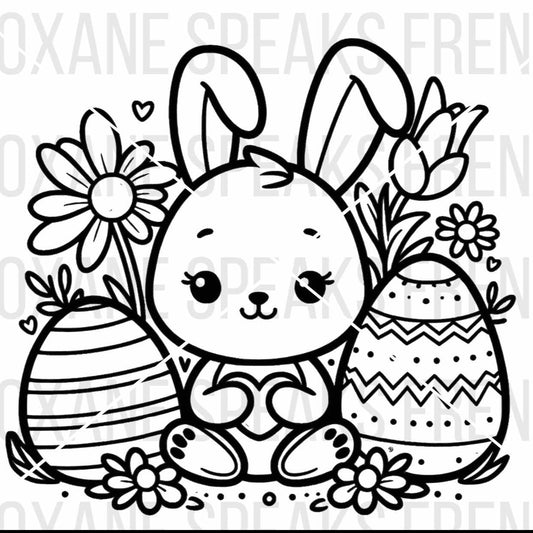 Black and white illustration of a cute Easter bunny surrounded by decorated Easter eggs, flowers, and hearts, available in SVG.
