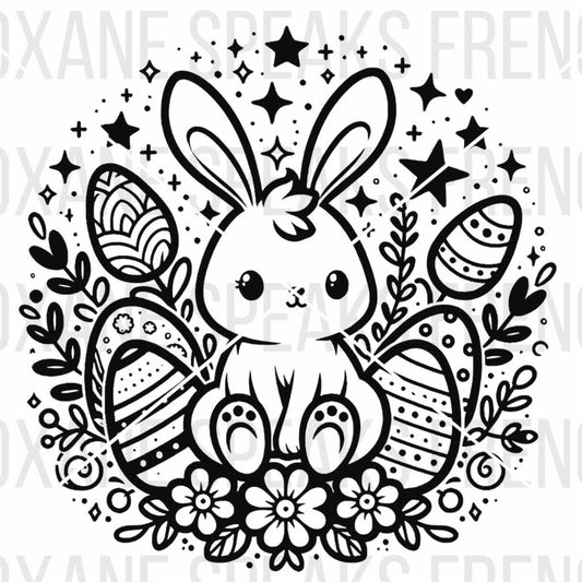 Black and white illustration of an Easter bunny surrounded by decorated Easter eggs, flowers, and stars, available in SVG.