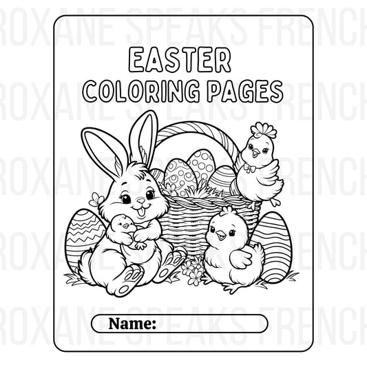 Adorable Easter coloring page featuring a bunny holding a chick, a basket filled with decorated Easter eggs, and two cheerful chicks surrounded by festive elements, perfect for kids' crafts and activities.