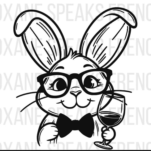 Black and white illustration of a cute bunny wearing glasses and a bow tie, holding a wine glass. The image is in SVG, suitable for DIY projects and crafting ideas