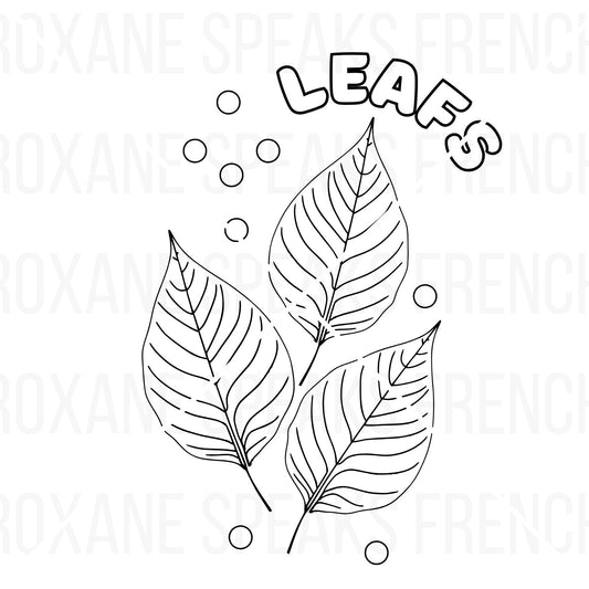 Printable leaf coloring page featuring three outlined leaves, decorative circles, and the word 'LEAFS' in large outline text.