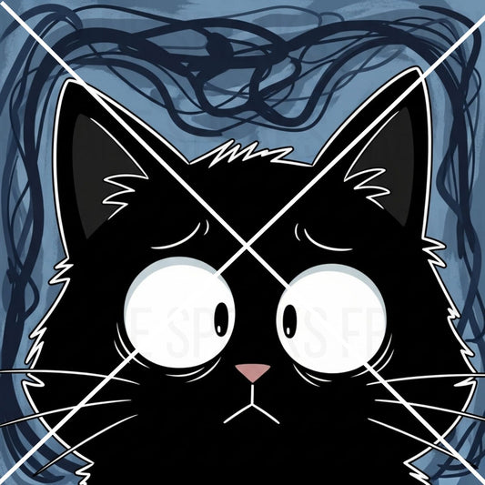Cartoon black cat face with large white eyes on a blue background