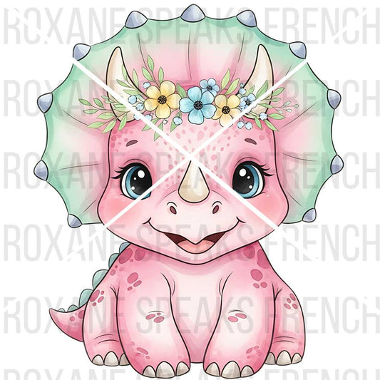 Cute pink dinosaur with a floral crown on a white background