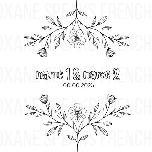 Floral wedding coloring page with customizable names and date, featuring elegant floral branches and text space.