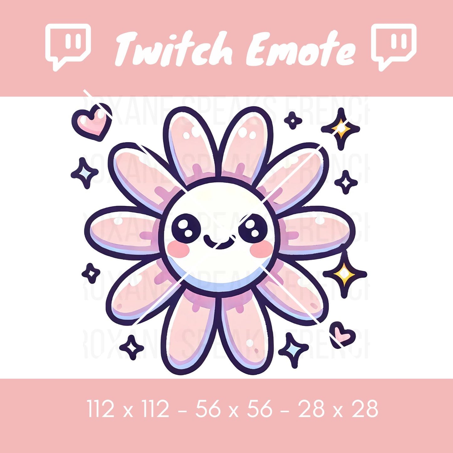 Cute daisy flower Twitch emote featuring a smiling daisy with kawaii eyes and white petals tinged with soft pastel pink, surrounded by hearts and sparkles. Perfect for Twitch, Discord, and other streaming platforms. Available in multiple sizes.