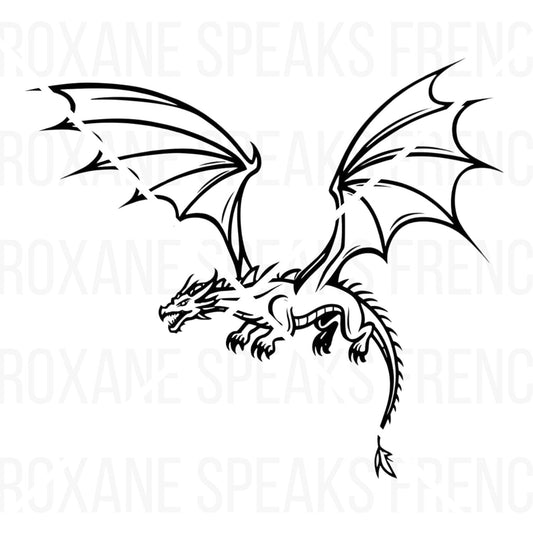 A dynamic black and white illustration of a flying dragon with expansive wings and a fierce expression, depicted in mid-flight.