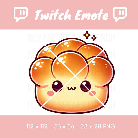 Adorable Twitch emote featuring a cute kawaii-style French brioche with a golden brown crust and shiny, doughy buns, topped with sparkling eyes and a tiny smile