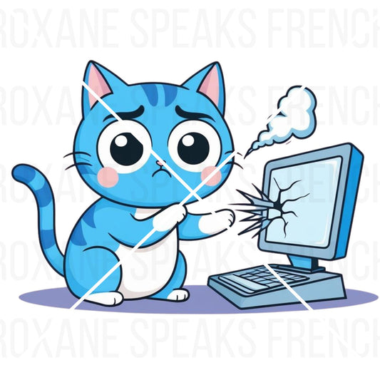 Frustrated Blue Cat after his computer broke down emote for Twitch