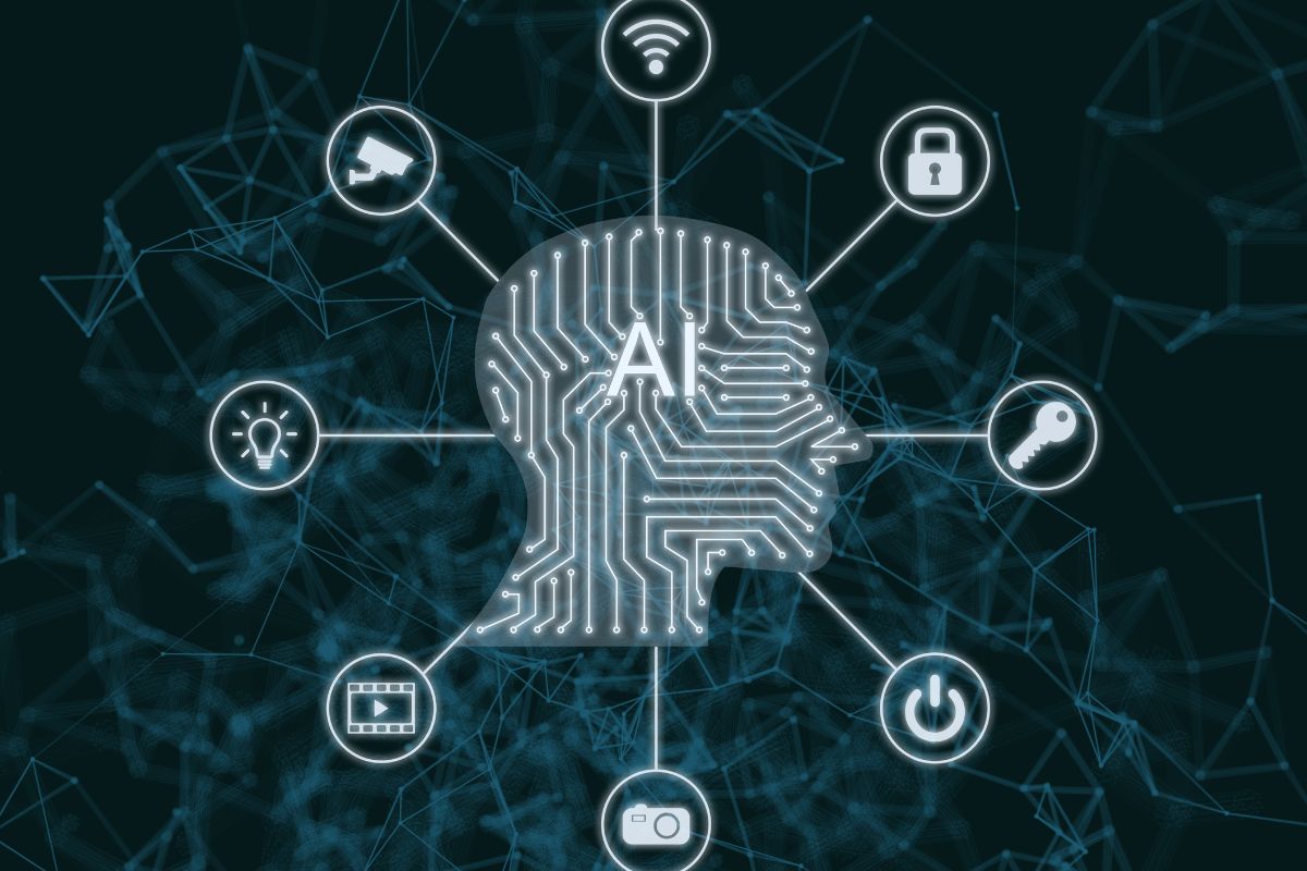 Digital illustration of a brain with AI symbols and network icons on a dark background