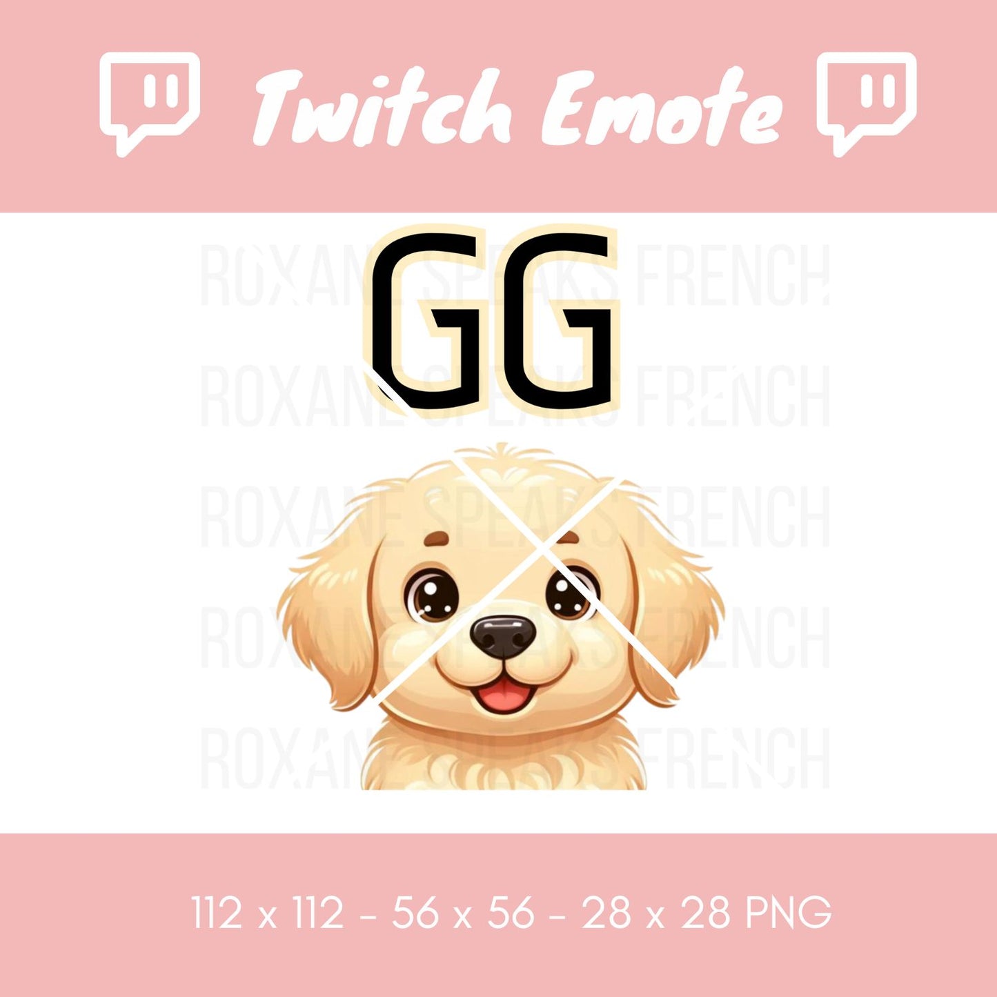 Twitch emote showcasing a cheerful golden dog with 'GG' emblazoned above, symbolizing 'Good Game.