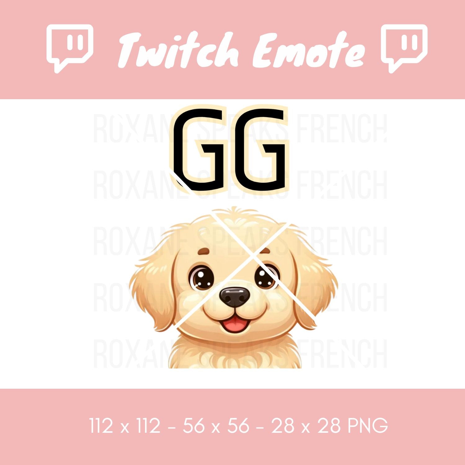 Twitch emote showcasing a cheerful golden dog with 'GG' emblazoned above, symbolizing 'Good Game.