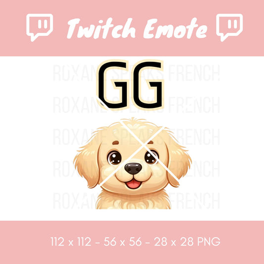 Twitch emote showcasing a cheerful golden dog with 'GG' emblazoned above, symbolizing 'Good Game.