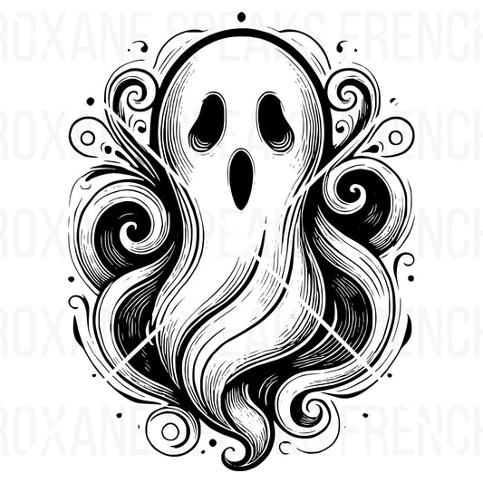 A stylized, black and white illustration of a spooky ghost face, designed with intricate, ornate swirls in an elegant, tattoo-like style.