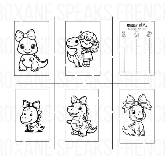 A collection of girl dinosaur coloring pages featuring adorable dinosaurs in playful poses, along with a scissor skills activity sheet.