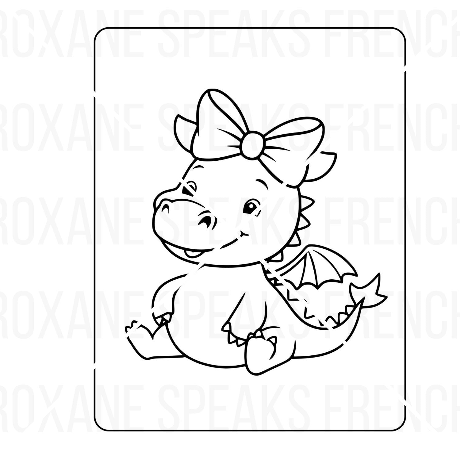 Coloring page of a cheerful young dragon wearing a bow on her head, smiling widely