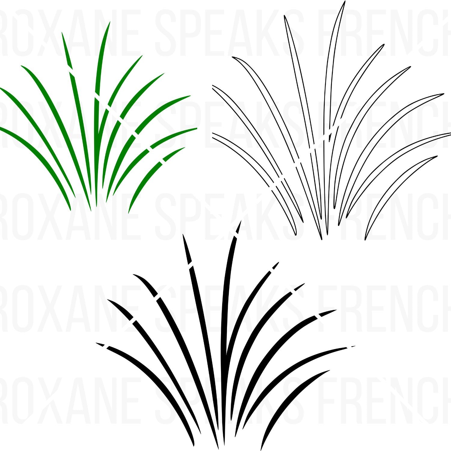 Grass clipart set displaying three distinct grass tuft styles: one vibrant green, one detailed black outline, and one bold black silhouette - SVG and PNG files.