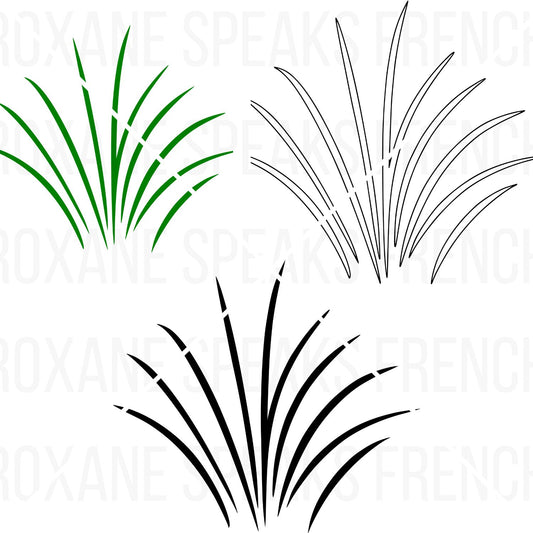 Grass clipart set displaying three distinct grass tuft styles: one vibrant green, one detailed black outline, and one bold black silhouette - SVG and PNG files.