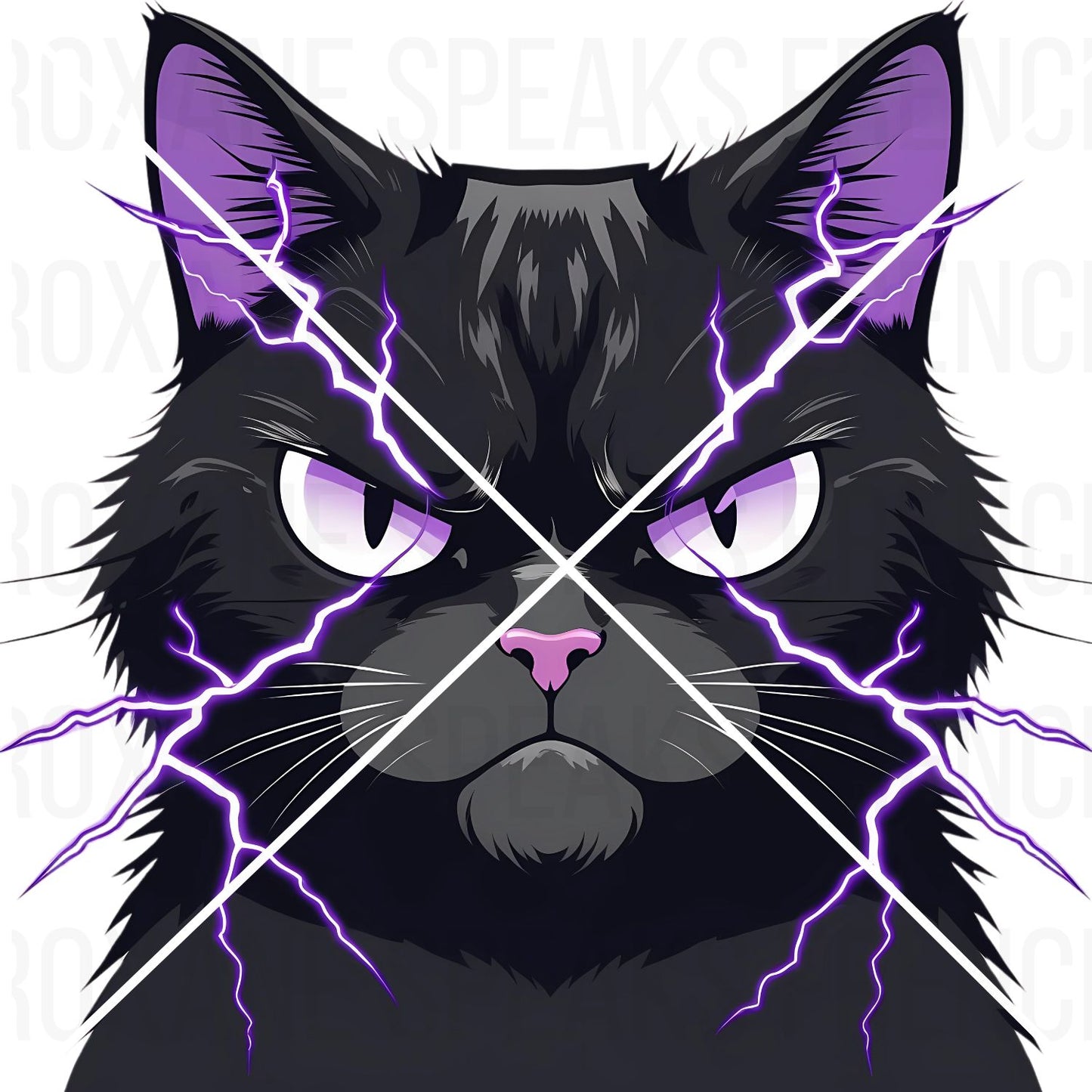 A 'Grumpy Cat Emote' featuring an annoyed black cat giving a judgmental glare, surrounded by purple lightning, for Twitch and Discord.