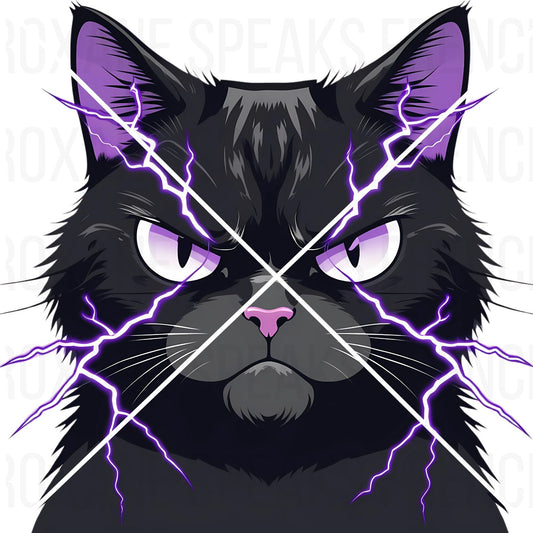 A 'Grumpy Cat Emote' featuring an annoyed black cat giving a judgmental glare, surrounded by purple lightning, for Twitch and Discord.
