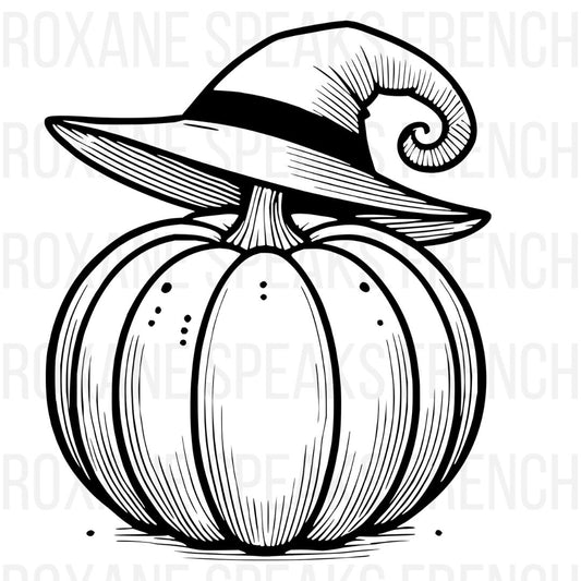 Halloween pumpkin with witch hat coloring page printable for kids