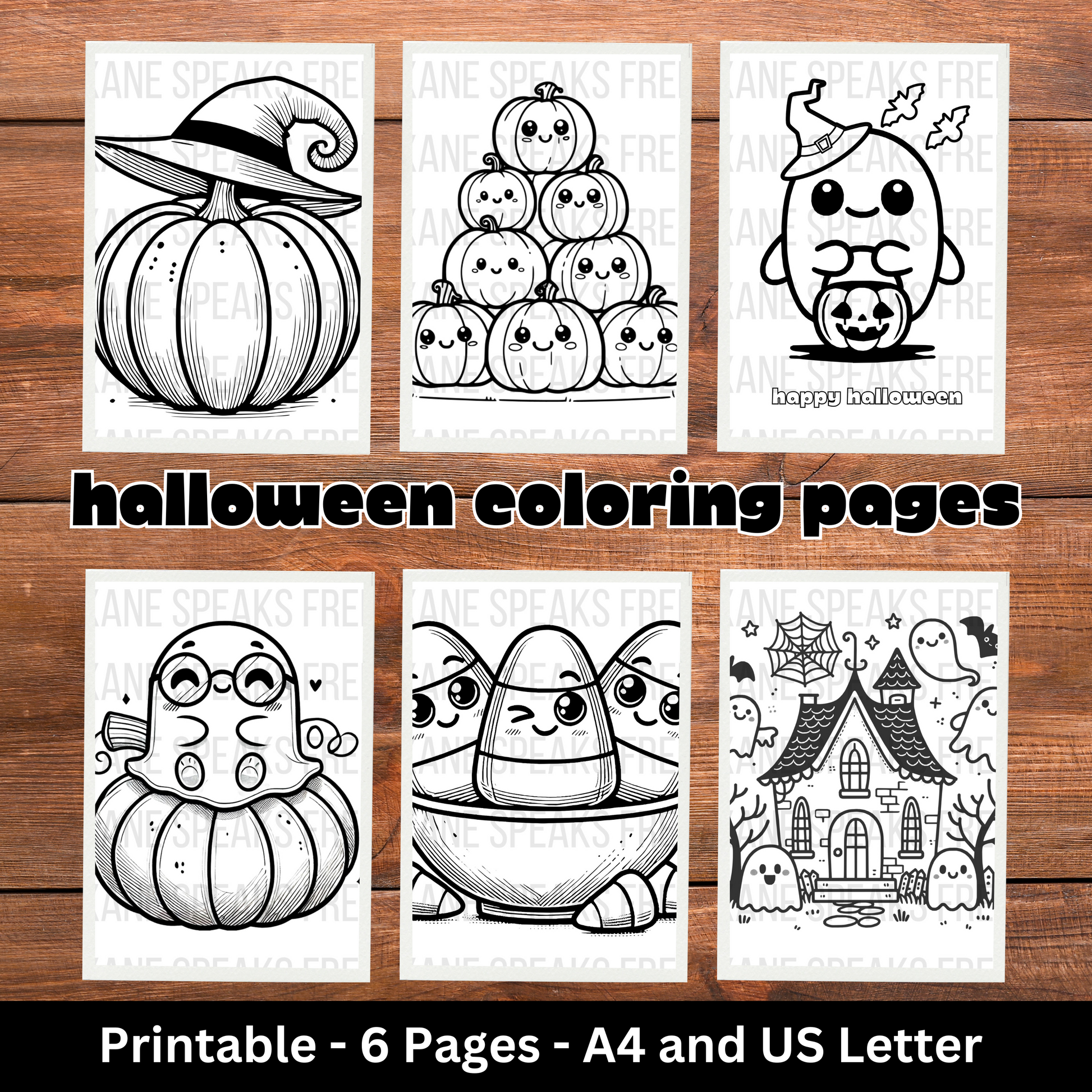 A 6-page printable set o f Halloween-themed coloring pages for kids, featuring kawaii-style designs. Printable -Available in A4 and US letter.