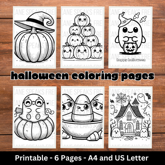 A 6-page printable set o f Halloween-themed coloring pages for kids, featuring kawaii-style designs. Printable -Available in A4 and US letter.