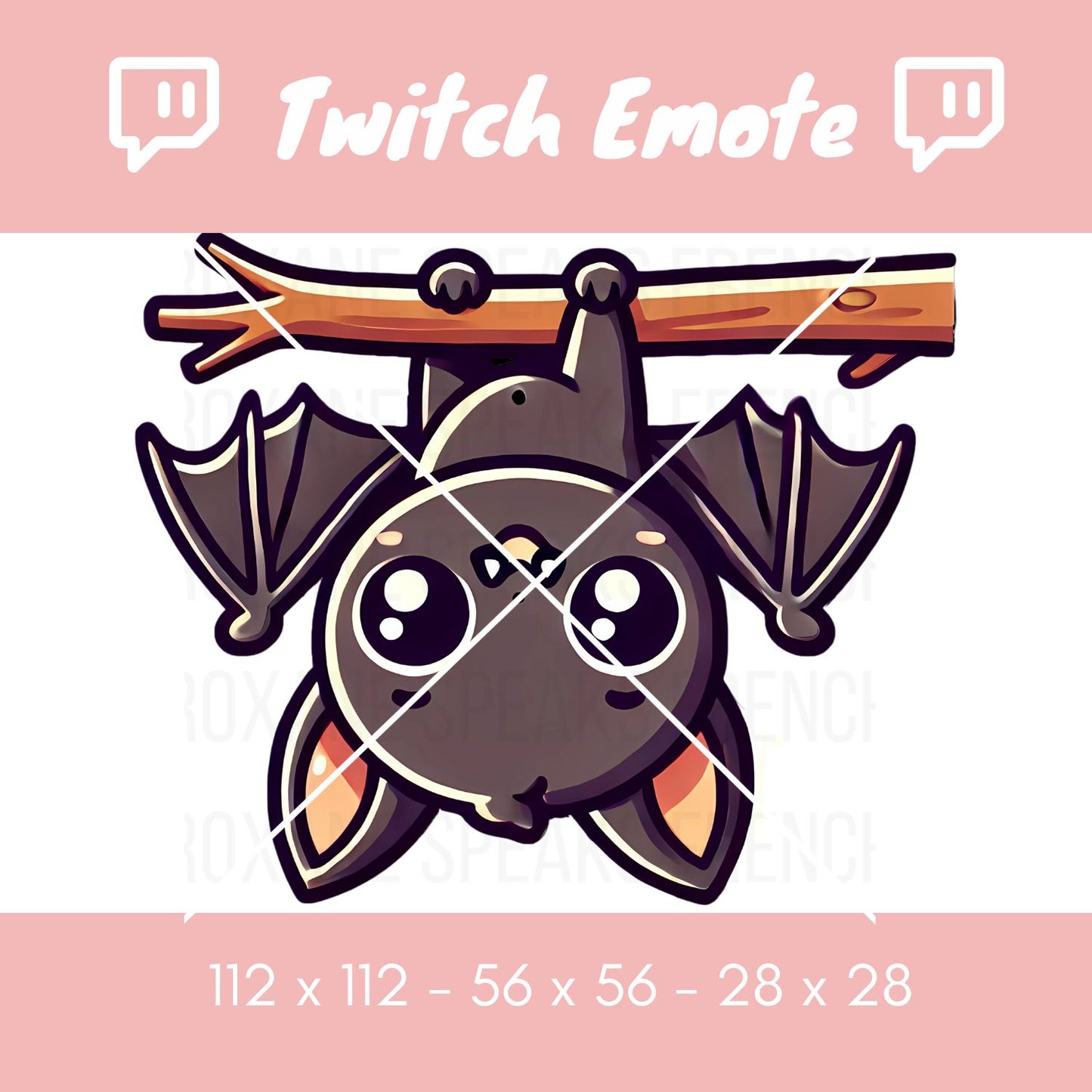 Cute hanging bat Twitch emote featuring a bat with big, expressive eyes, clinging to a branch. Designed for streamers, this emote is perfect for adding a playful or spooky vibe to Twitch or Discord chats. Comes in standard sizes: 112x112, 56x56, 28x28.