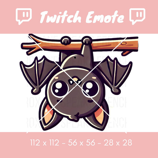 Cute hanging bat Twitch emote featuring a bat with big, expressive eyes, clinging to a branch. Designed for streamers, this emote is perfect for adding a playful or spooky vibe to Twitch or Discord chats. Comes in standard sizes: 112x112, 56x56, 28x28.