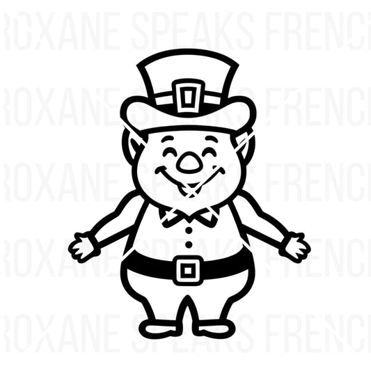 A cheerful leprechaun character in SVG format, designed in a bold outline style. The leprechaun is depicted with a broad smile, wearing a traditional suit with a bow tie, a belt with a square buckle, and a top hat adorned with a buckle